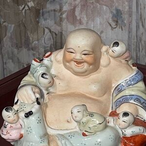 Vintage Chinese Porcelain Laughing Fertility Buddha Figure with 5 Children